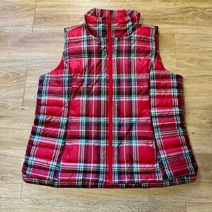 Lands End Down Vest Womens M Tartan Red Plaid Puffer Jacket Holidays Winter
